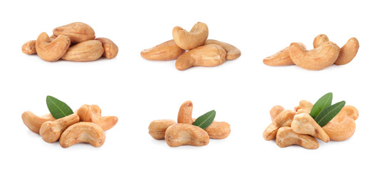 Fototapeta na wymiar Set with tasty cashew nuts on white background. Banner design