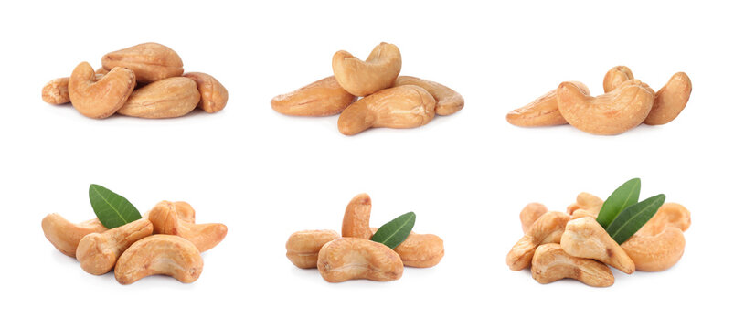 Set with tasty cashew nuts on white background. Banner design
