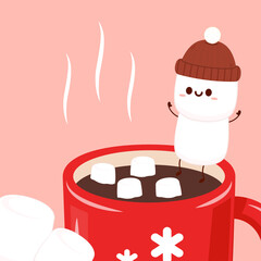 Funny Marshmallows characters  and cup of coffee. Marshmallows character design. Dessert cartoon.