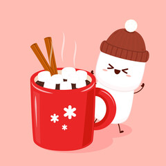 Funny Marshmallows characters  and cup of coffee. Marshmallows character design. Dessert cartoon. Red cup with muffin, cinnamon and Marshmallows.