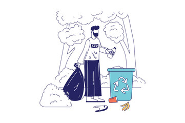 People collecting garbage concept in flat line design for web banner. Man gathering trash in large bag and take it into recycling bin, modern people scene. Vector illustration in outline graphic style