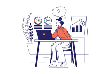Business process concept in flat line design for web banner. Woman analyzing financial statistics and creates development strategy, modern people scene. Vector illustration in outline graphic style