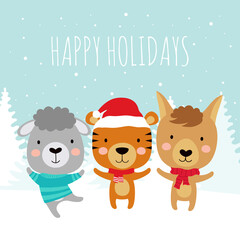 greeting card with cute forest animals, vector illustration