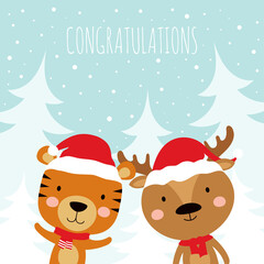 winter vector illustration with cartoon cute animals