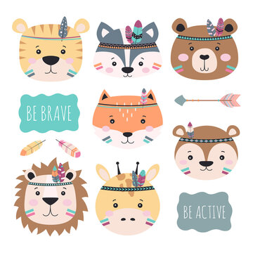 indian tribal animals faces set, vector illustration