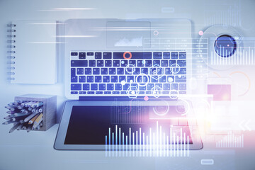 Multi exposure of data theme drawing hologram over topview work desk background with computer. Concept of technology.