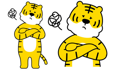 腕組みをして悩んでいるトラさんのイラスト素材。