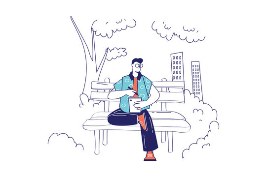 People sit in gadgets concept in flat line design for web banner. Man uses smartphone or tablet while sitting on bench in park, modern people scene. Vector illustration in outline graphic style