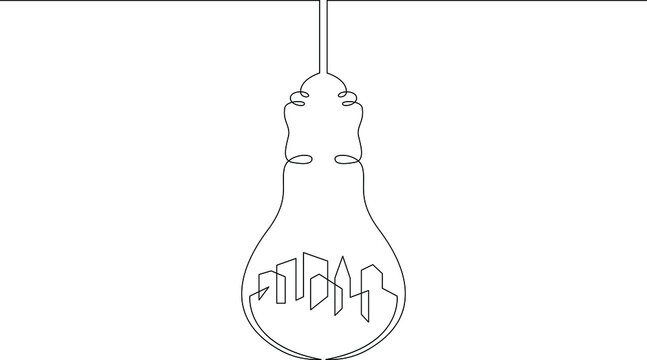One continuous line.Ecology symbol.City in a light bulb. Energy saving. An environmentally friendly city. One continuous drawing line logo isolated minimal illustration.
