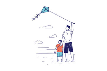 Healthy families concept in flat line design for web banner. Father and son are flying kite and spending time together outdoors, modern people scene. Vector illustration in outline graphic style