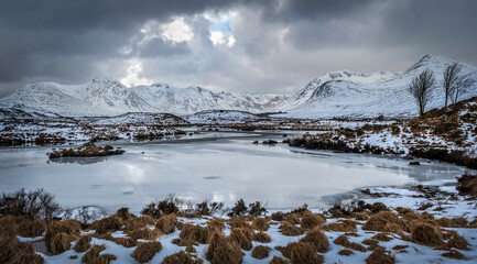 Rannoch Moor Frozen Lake and Snowy Mountains