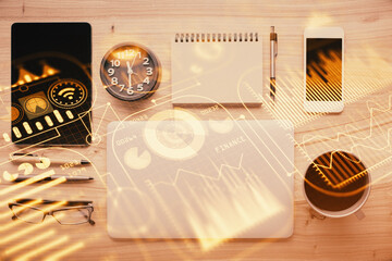 Multi exposure of technology theme drawing over table with phone. Top view. Concept of hightech.