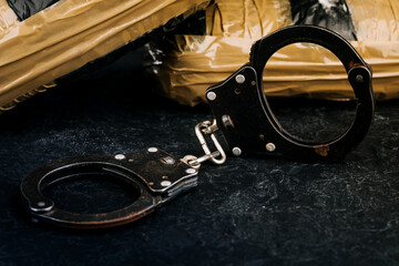 Obraz premium drugs with handcuffs on a dark background. the concept of crime.