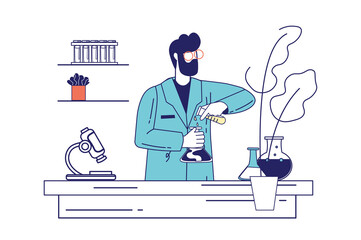 Science laboratory concept in flat line design for web banner. Man scientist pours from tube in flask and makes chemical test in lab, modern people scene. Vector illustration in outline graphic style