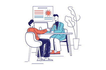 Medical clinic concept in flat line design for web banner. Man at doctor appointment, therapist consults and diagnoses patient, modern people scene. Vector illustration in outline graphic style