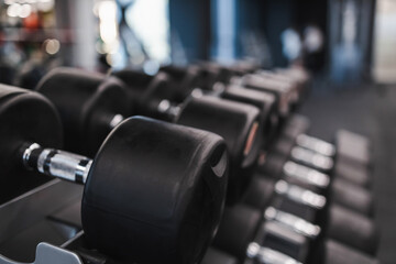 Obraz na płótnie Canvas Rows of dumbbells on rack in gym