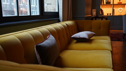 Interior design elements in dark lid room from hotel lobby and restaurant area in Frankfurt, Germany.