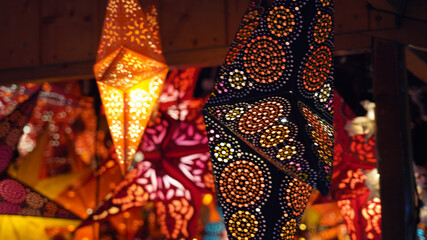 Christmas Market Decoration and lights at night in Frankfurt.