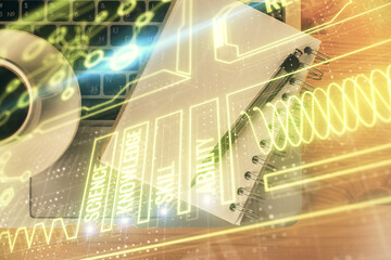 Double exposure of education theme drawing and work table top veiw.