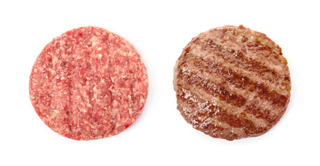 Fototapeta na wymiar Raw and grilled hamburger patties on white background, collage. Banner design