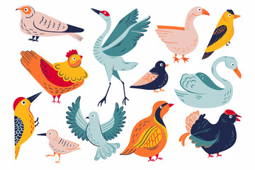 Bright birds vector set. 12 christmas birds illustrations. Big set of cute birds