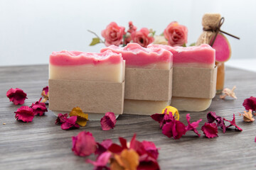 Mock up for small business homemade natural organic soap ,skin product mockup scene. Craft paper on...