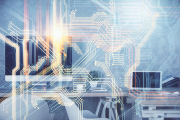 Multi exposure of world map drawing and office interior background. Concept of international network.