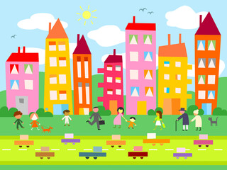 Obraz na płótnie Canvas Colorful naïve cartoon city street with people in daytime