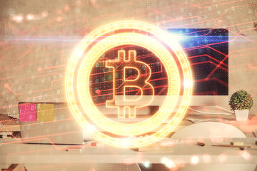 Double exposure of crypto technology theme drawing and office interior background. Concept of...