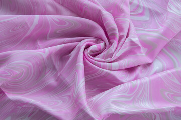 Fototapeta premium pink top view of base color silk, fabric with pink marble pattern silk, wavy, spiral, crease, swirl, backdrop, cloth background, have copy space for text