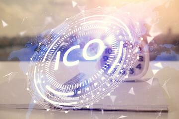 Double exposure of blockchain theme drawings and desk with open notebook background. Concept of Crypto currency