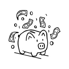 Piggy bank with money vector doodle illustration. Money accumulation concept.