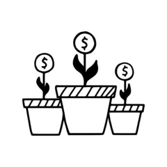 Potted plant and coins doodle icon. Return on investment. Investment income or investment growth. Vector illustration