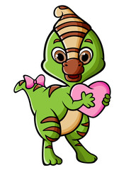 The girly dino parasaurolophus is holding a love doll