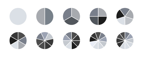 Segmented circles set. Wheel round diagram part set. Circle section graph line art. Segment slice sign. Pie chart icon. Fraction big set. 2,3,4,5,6 segment infographic. Vector.