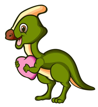 The parasaurolophus is walking and hugging a love doll
