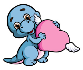 The cute brontosaurus is hugging a love with the wings