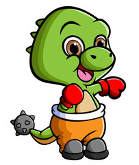 The baby allosaurus is using the boxing gloves and ready for fight