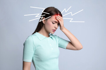 Young woman having headache on light background. Illustration of lightnings representing severe pain