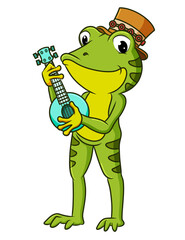 The striped frog tree is playing the banjo