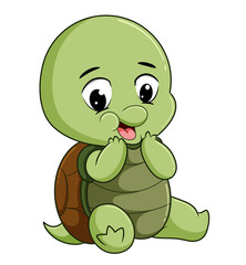 The baby turtle is giving the shy expression