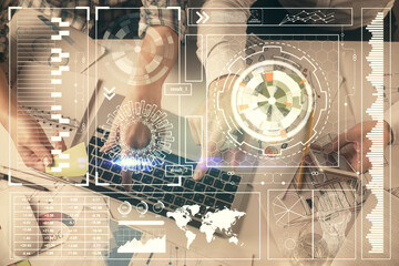 Double exposure of man and woman working together and data theme hologram drawing. Computer background. Top View.