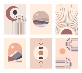 Set of abstract contemporary posters with sun moon and landscape in boho style. Mid century minimalist background for home decoration, wall decor or covers. Vector © merfin