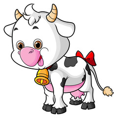 The hand drawn of the cute cow with the ribbon on the tail