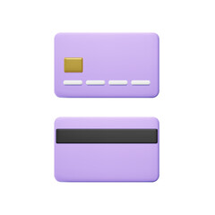 Cartoon style purple credit card front and back view. Banking operation. Financial transactions and payments. Credit card for online payment or shopping