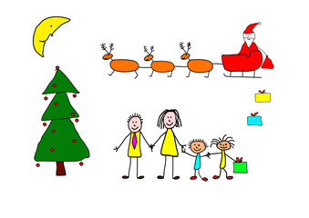 Obraz na płótnie Canvas Christmas concept, drawn by a child. Santa Claus arrived with his reindeer sleigh, and bring gifts to the whole family. 