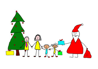 Christmas concept, drawn by a child. Santa Claus has arrived and is giving gifts to the whole family. 