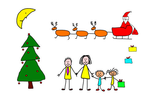 Christmas concept, drawn by a child. Santa Claus arrived with his reindeer sleigh, and bring gifts to the whole family. 