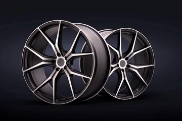 Fotobehang forged new alloy wheels on a blue black background. cool sports wheels wheels with thin spokes auto tuning light weight, tire shop or motorsport design © Vladimir Razgulyaev