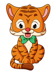 The big tiger is sitting and wearing a ribbon